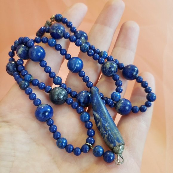 Vintage Lapis Lazuli 20” Long Necklace Horn Pendant - Picture 6 of 9